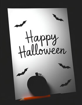 "Happy Halloween" text written on white background, bats, pumpkins