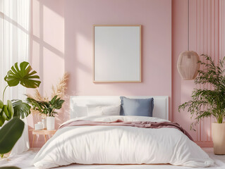 "Photo frame mockup in lovely bedroom" - Tone pink, blue and white. 