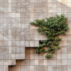 Geometric bricks form an abstract pattern on an urban wall, with a green plant bringing life to the structured, modern design