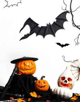 White background, Halloween decor, pumpkins on white background, bats, scary