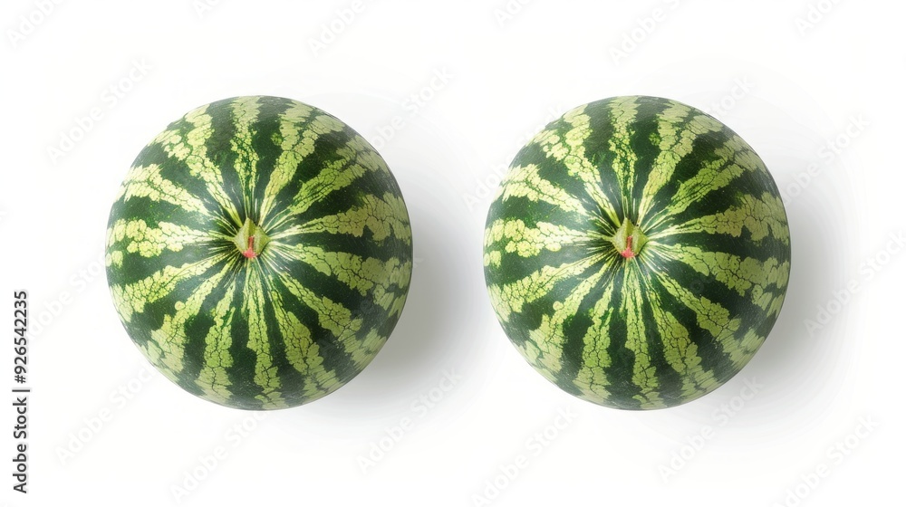 Poster Two round watermelons sit side by side on a bright white background. Their vibrant green stripes catch the eye. Perfect for food themes, summer freshness, or healthy eating concepts. AI