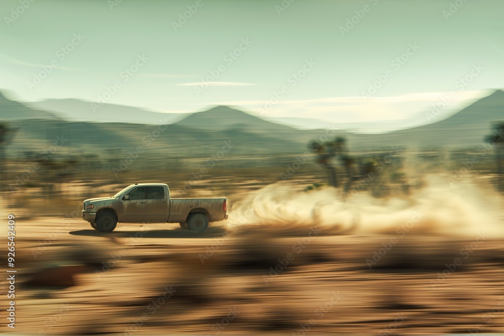 Wall mural Dusty pickup truck racing across a vast desert landscape, leaving trails of sand and distant cacti blending into the blurred scene.