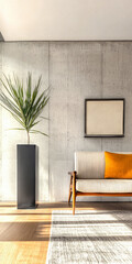 Living room interior with bold furniture, artwork and natural lighting.