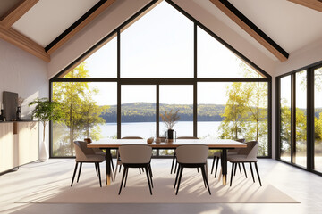 Luxury minimalist dining room, two floor high ceiling. Sea view outside the window. Spacious dining table.