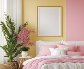 "Photo frame mockup in lovely bedroom" - Tone pink, yellow and white. 