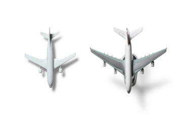 This display highlights two distinct aircraft models viewed from above, emphasizing their innovative designs and aerodynamic shapes in a clean environment