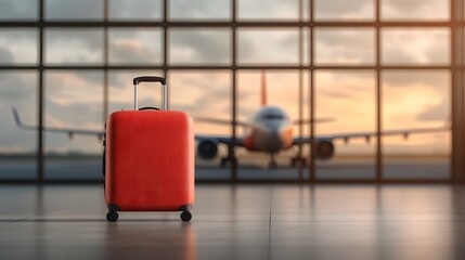 A vibrant red luggage bag awaits travelers at the airport with an airplane in the background, capturing the essence of travel.