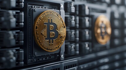 Close-up of Bitcoin mining hardware showcasing intricate details of digital currency technology in a high-tech environment.