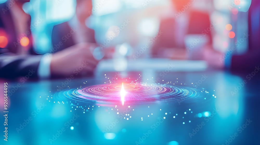 Poster abstract blue background with glowing circle and bokeh