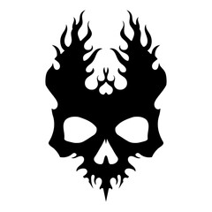 Burning skull on fire, skull icon illustration. Goth design for prints. Comic style. Sticker for Horror or Halloween. Hand drawing illustration isolated on white background. Vector EPS 10