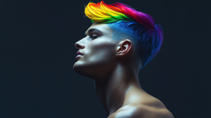 Male Model with Bold Rainbow Hair in Dramatic Profile Pose