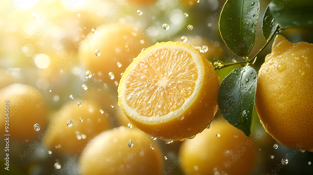 Sticker refreshing lemon slice with water droplets - perfect for summer drinks and food photography