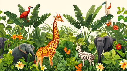 Seamless border with jungle animals flowers