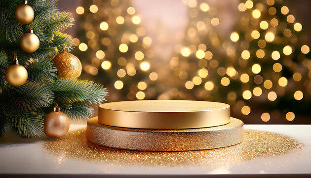  Un podio decorato con dettagli dorati e glitter, posto su uno sfondo di luci scintillanti d_1(203)