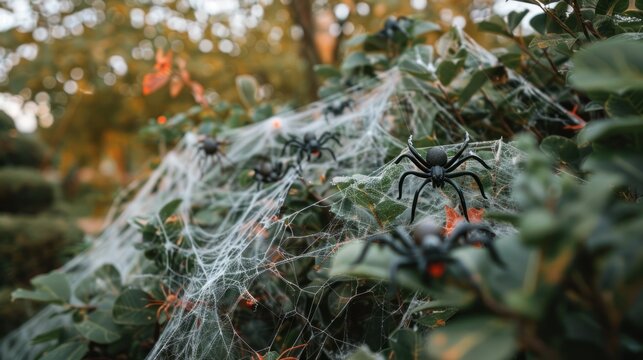 Bushes decorated with fake spider webs and large plastic spiders.
