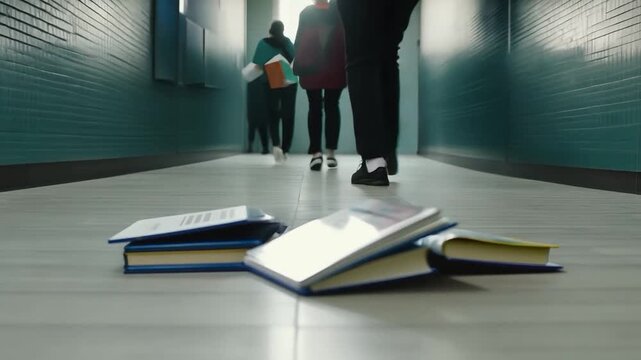 Students rushing in school hallway tripping on books falling on floor