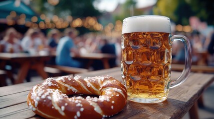A close-up of a traditional Bavarian pretzel on a wooden table next to a frothy beer mug, the rustic charm of a Bavarian beer garden evident in the background with friends enjoying the lively