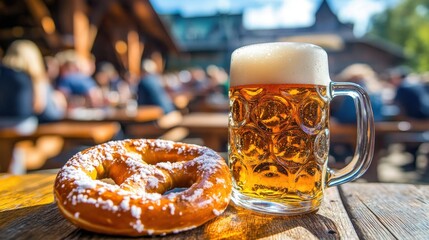 A close-up of a traditional Bavarian pretzel on a wooden table next to a frothy beer mug, the rustic charm of a Bavarian beer garden evident in the background with friends enjoying the lively