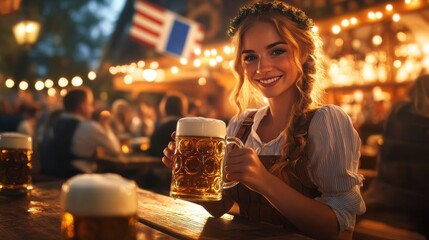 A lively Oktoberfest scene with an Oktoberfest girl waitress serving frothy beer mugs to friends at a wooden table, the Bavaria flag waving proudly in the background and the rustic charm of a