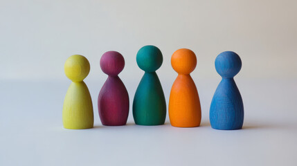 Obraz premium Colorful Wooden Peg Dolls in a Row: A row of five wooden peg dolls, each painted in a vibrant color, stands against a clean white backdrop. The image conveys a sense of unity & diversity.