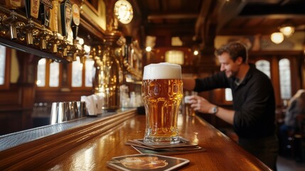 A bartender in a traditional Bavarian pub pouring a draft beer with a perfect foam head, the wooden bar counter adorned with coasters and beer mugs, and friends enjoying beer flights and the warm,