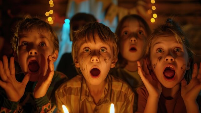 Children making scared faces while telling ghost stories at a Halloween party.