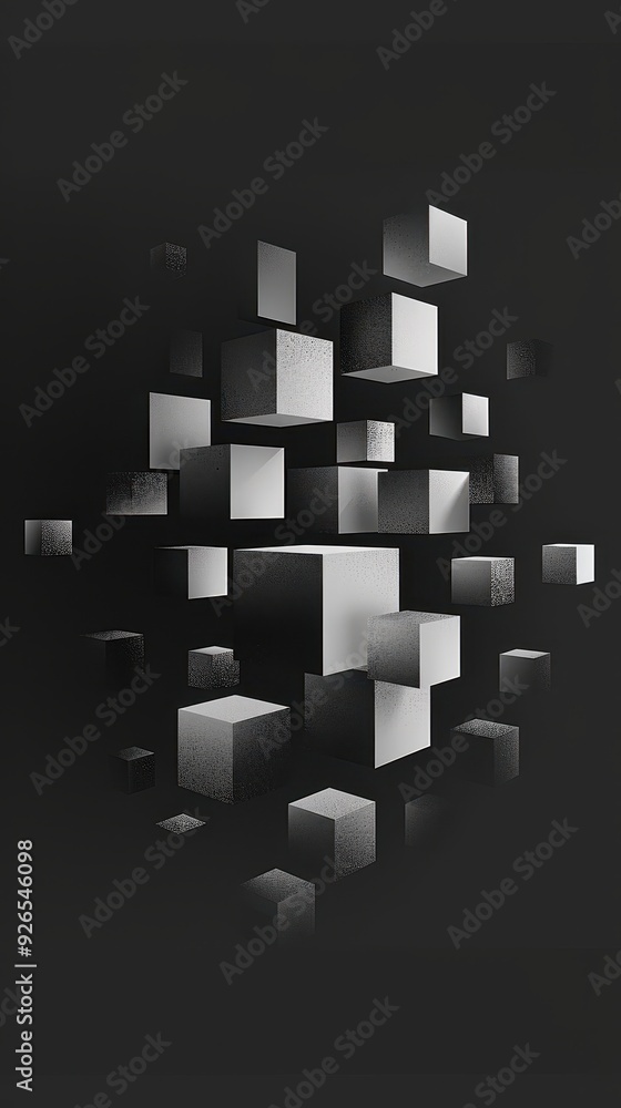 Poster abstract 3d floating cubes with dark background creating a mysterious and modern design.