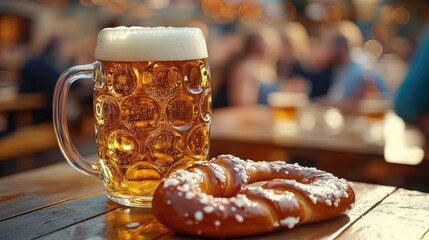 A close-up of a traditional Bavarian pretzel on a wooden table next to a frothy beer mug, the rustic charm of a Bavarian beer garden evident in the background with friends enjoying the lively
