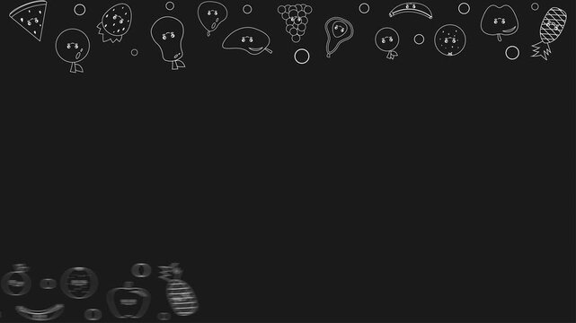 Cute Fruits Black Background With Chalk Style. 4k Animation