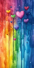 Rainbow Hearts: A vibrant watercolor painting of hearts floating against a rainbow backdrop, evoking a sense of love, joy, & hope. Perfect for Valentine's Day, weddings, any occasion celebrating love.