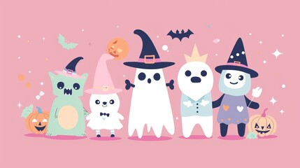 Kawaii-style Halloween characters like friendly monsters and witches on a pink background.