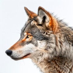 Fototapeta premium A stunning wolf profile showcases its majestic features and piercing gaze. This realistic illustration captures the essence of wilderness artistry. Perfect for nature enthusiasts. AI