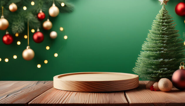  Un podio di legno posizionato su una superficie verde, con un albero di Natale decorato_1(217)