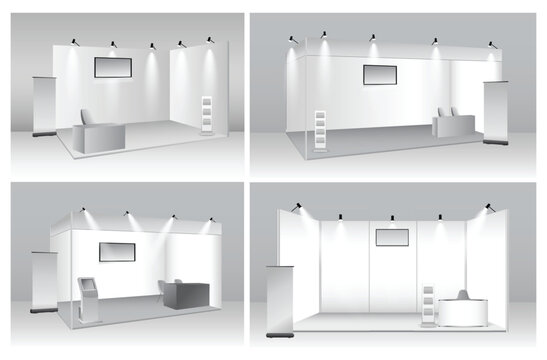 set of realistic trade exhibition chair and table or white blank exhibition kiosk or stand booth corporate commercial. 3D Render