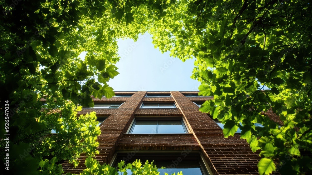 Poster a building with a tree growing out of it. the tree is in the middle of the building and is surrounde