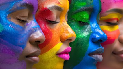Obraz premium Close-up of rainbow-painted faces, eyes closed, feeling the moment of pride and acceptance