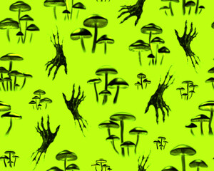 Gothic style seamless pattern with growing mushrooms. Halloween themed graphic print for clothing, fabric, wallpaper, home decor, wrapping paper.