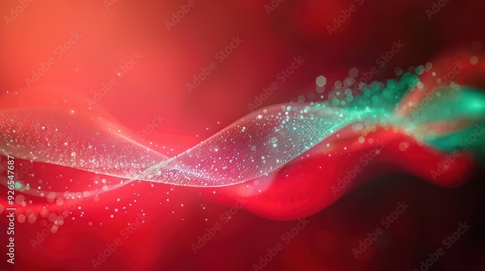 Aufkleber abstract red and green wave with sparkling particles against a blurred background.