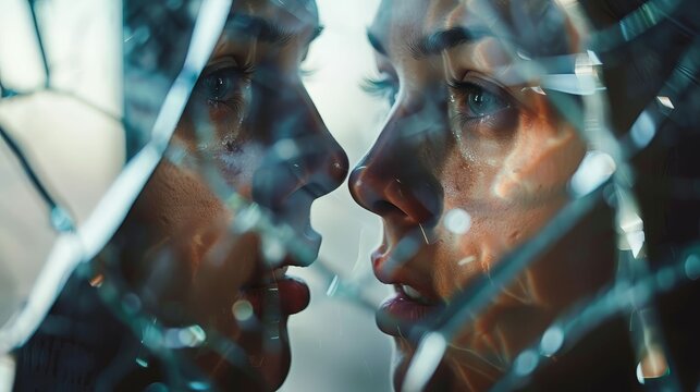 A person staring at a reflection in a broken mirror, struggling with body dysmorphic disorder