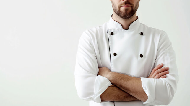 Professional Chef in White Uniform with Crossed Arms on Solid Background