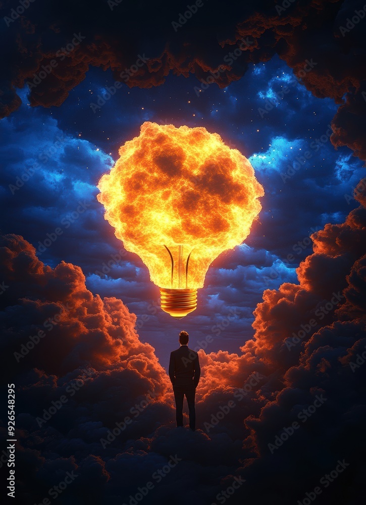 Poster a man stands in front of a glowing light bulb in the sky. the image has a dreamy, surreal quality to