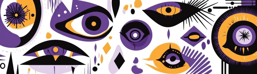Abstract art featuring various evil eyes and other mystical symbols with purple, blue, yellow, black, and orange color in white background.