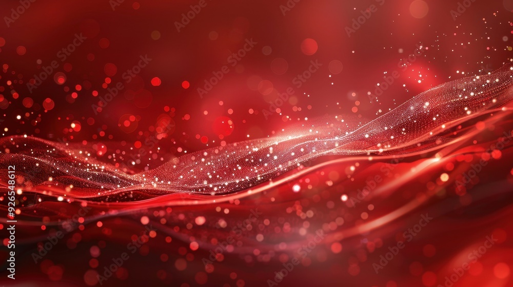 Poster a vibrant red abstract background with flowing waves and sparkling light particles.