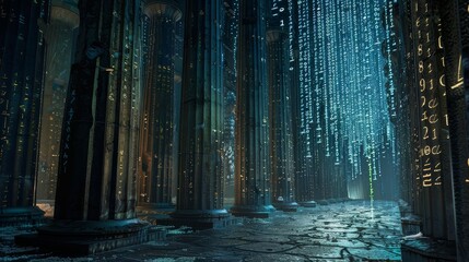 Obraz premium Ancient temple with digital inscriptions, an allegory for long-standing principles of data protection