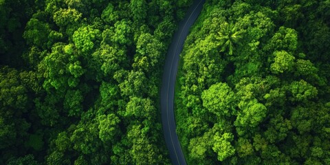 A road with trees on both sides. The road is narrow and winding. The trees are green and lush