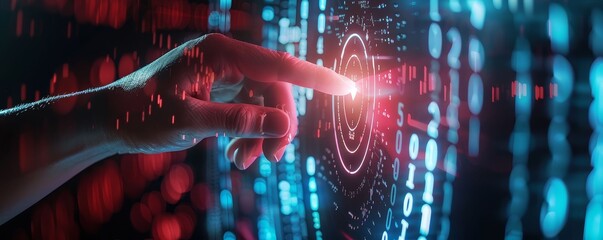 Close-up of a secure digital lock on a virtual interface, finger about to press, with holographic data streams and binary code background