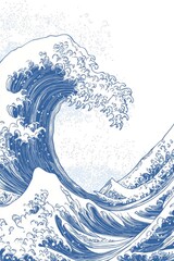 blue Japanese style line art ocean waves on white background