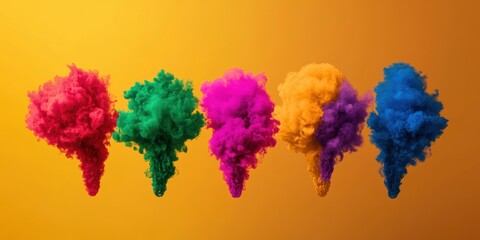 A series of colorful smoke clouds are suspended in the air. The smoke is in various shades of blue, green, red, and purple. Concept of creativity and artistic expression