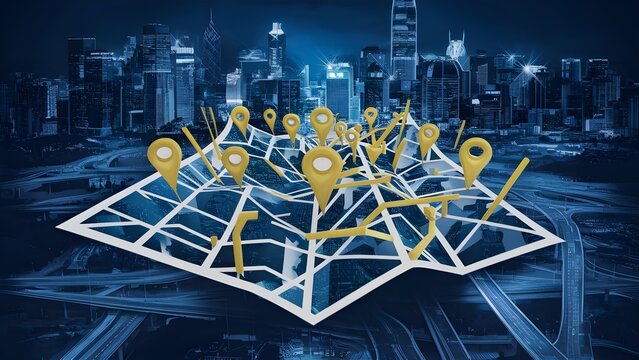 Current aide and geolocation map thought with night megapolis city scene and splendid automated yellow pin concentrates wildly organized