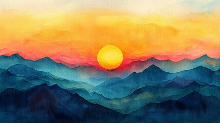 Watercolor depiction of a sunrise over mountains for fresh start themes.